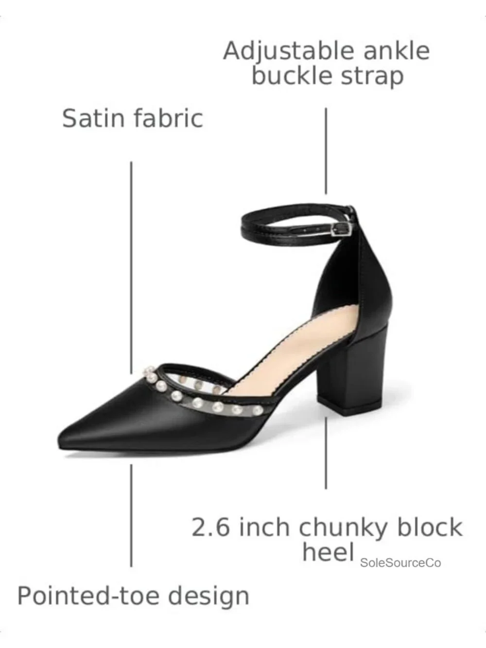 Pearl Embellished Satin Chunky Heel Pumps Pointed Toe Ankle Strap Wedding Shoes